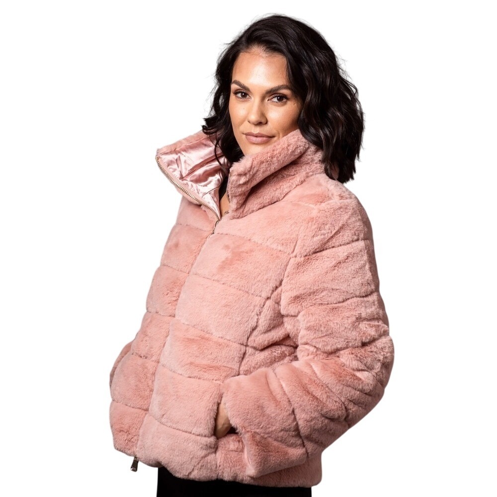 My Anorak Faux Fur Puffer Jacket Pink Down Fill Funnel Neck Coat 50881FF NEW